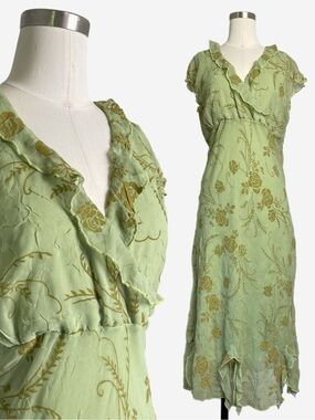 Vintage Y2K CDC Green velvet floral ruffle neck split hem midi dress fairy S/M